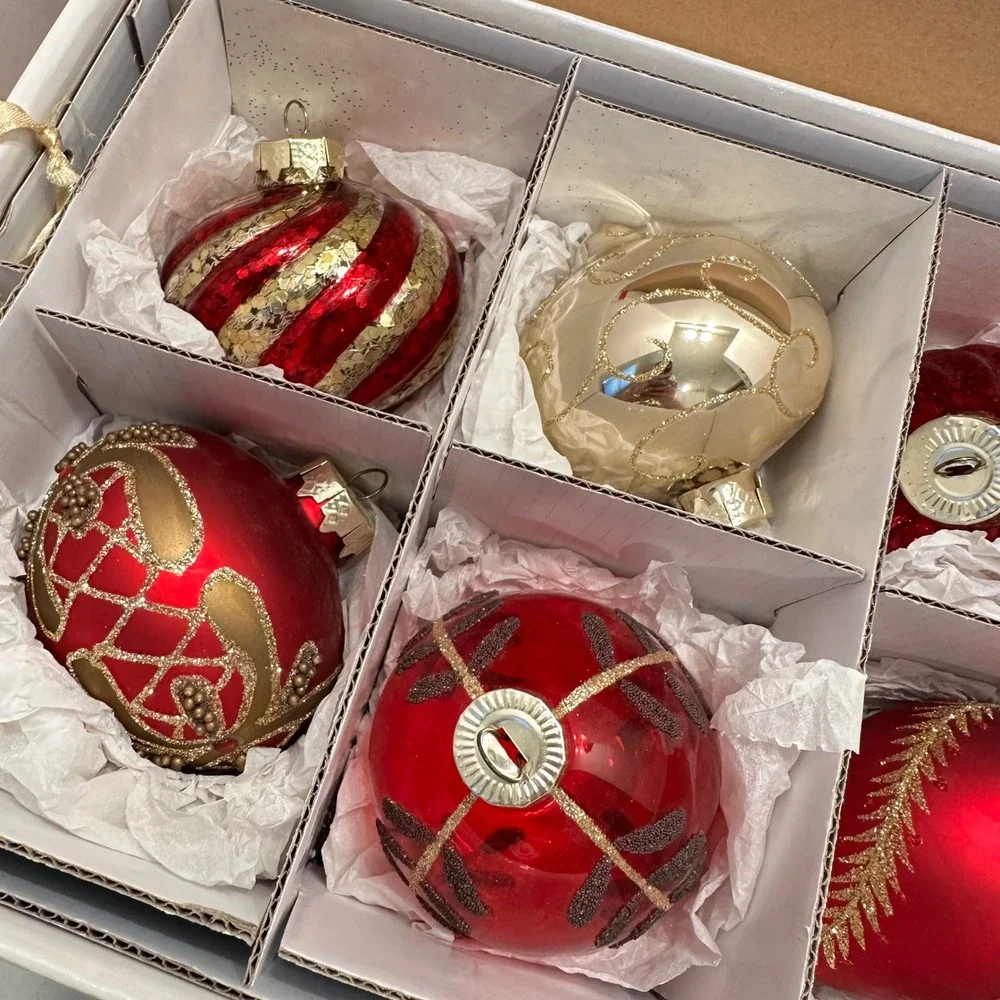 Winter Lane Red Gold Glass Christmas Ornaments Set of 20 Glitter Sequin Assorted